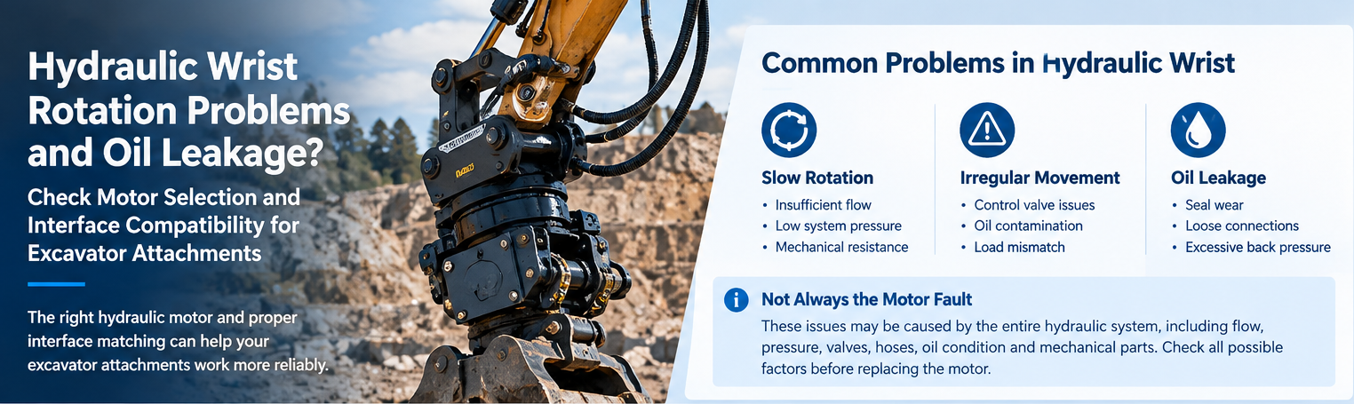 최신 회사 블로그 Hydraulic Wrist Rotation Problems and Oil Leakage: Checking Motor Selection and Interface Compatibility for Excavator Attachments